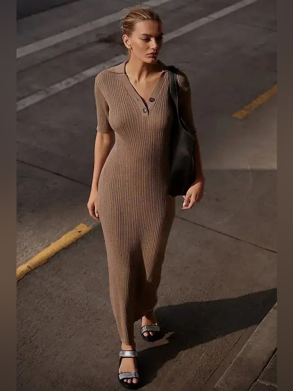 Varley Andrea Knit Maxi Dress Size XL In Roasted Cashew Cotton Shift Fine Rib